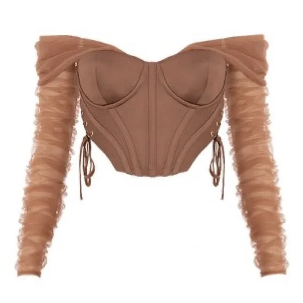 House CB Bonnie Mocha Laceup off shoulder Corset Top with Soft Tulle Sleeves XS
